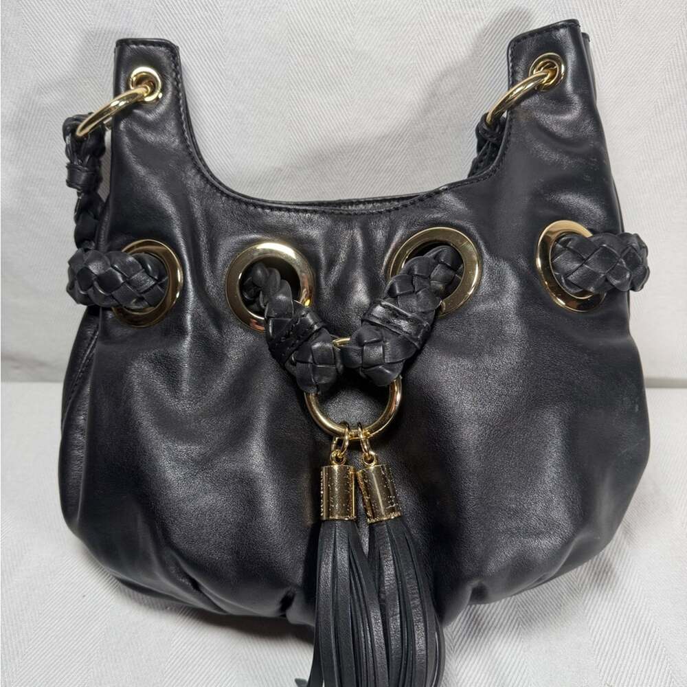 Michael Kors Black Leather Hobo Tassels Gold Accents Shoulder Handbag Purse